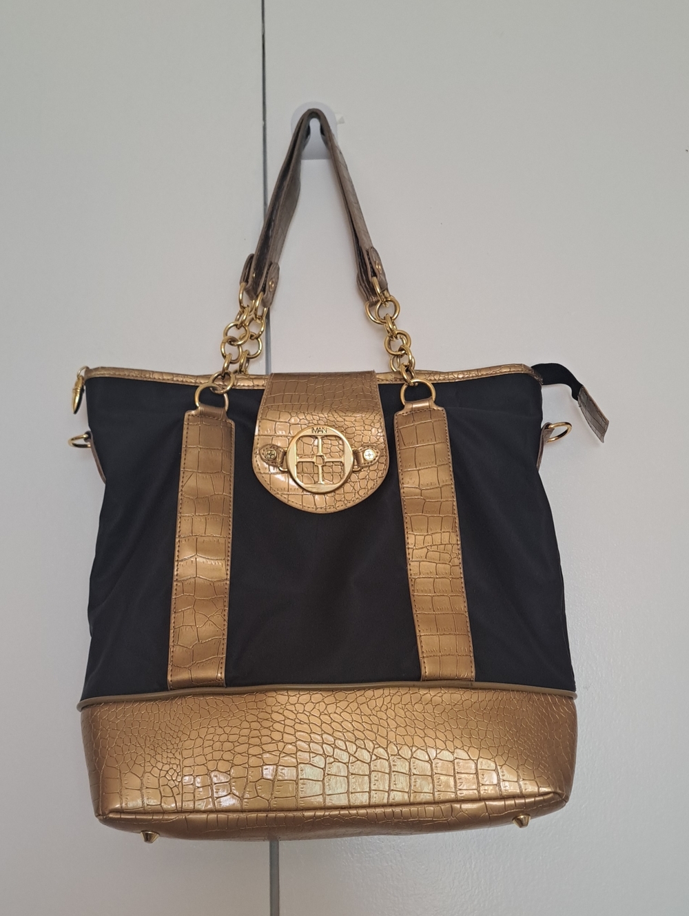 IMAN Black Tote with Metallic Gold Croc Accents